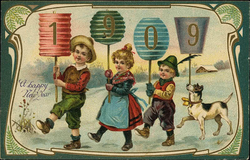 1909 New Year postcard showing three children and a dog holding digit signs for year 1909 New Year postcard showing three children and a dog holding digit signs for year